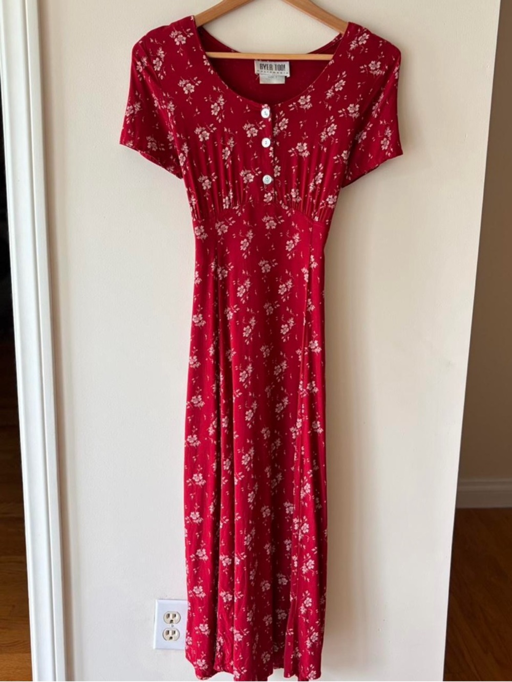 Vintage 90s cottagecore coquette grunge red floral romantic midi button dress S